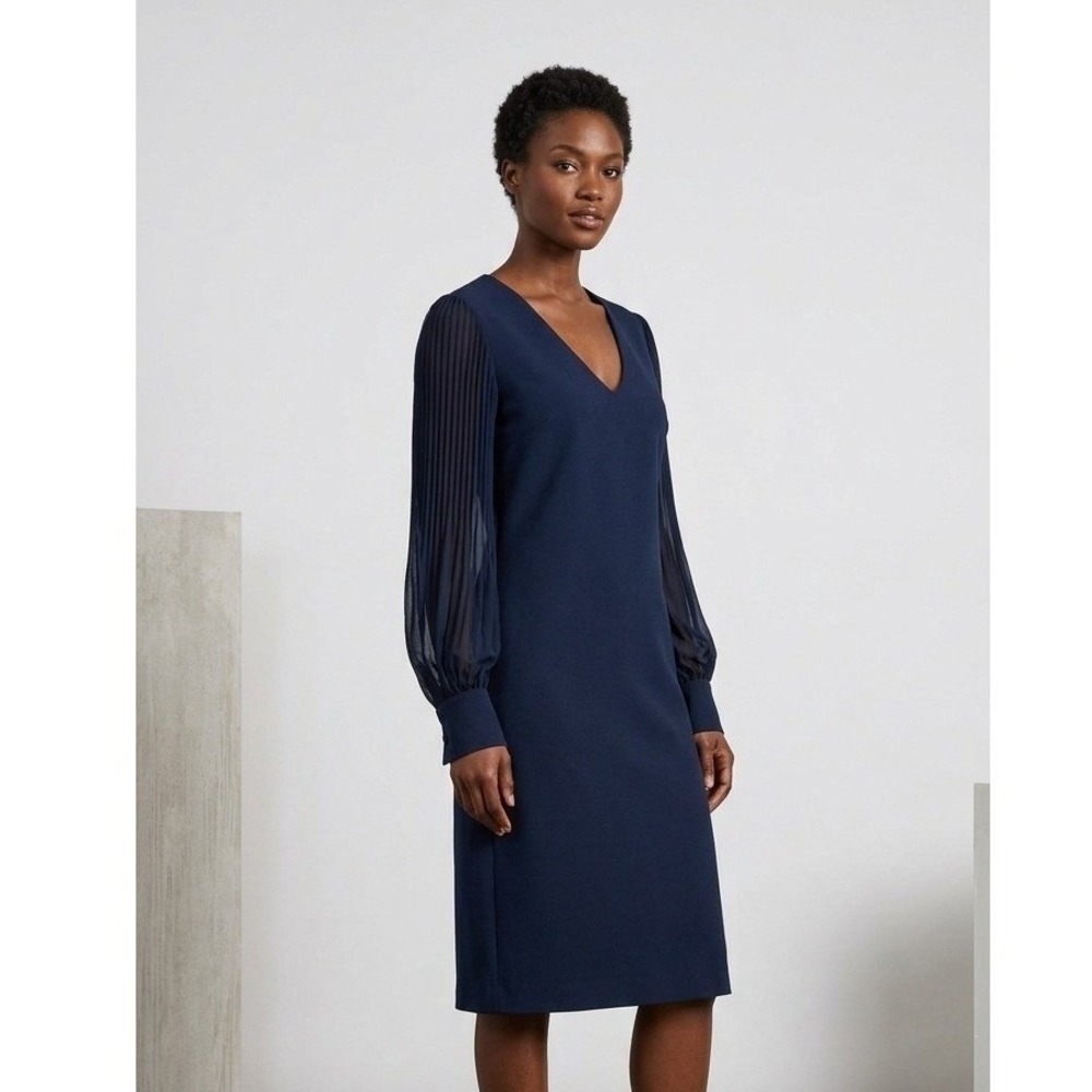 SHAN V-Neck Dress Womens 12 Navy  Mesh Pleated Long Sleeve Shift Made In Canada